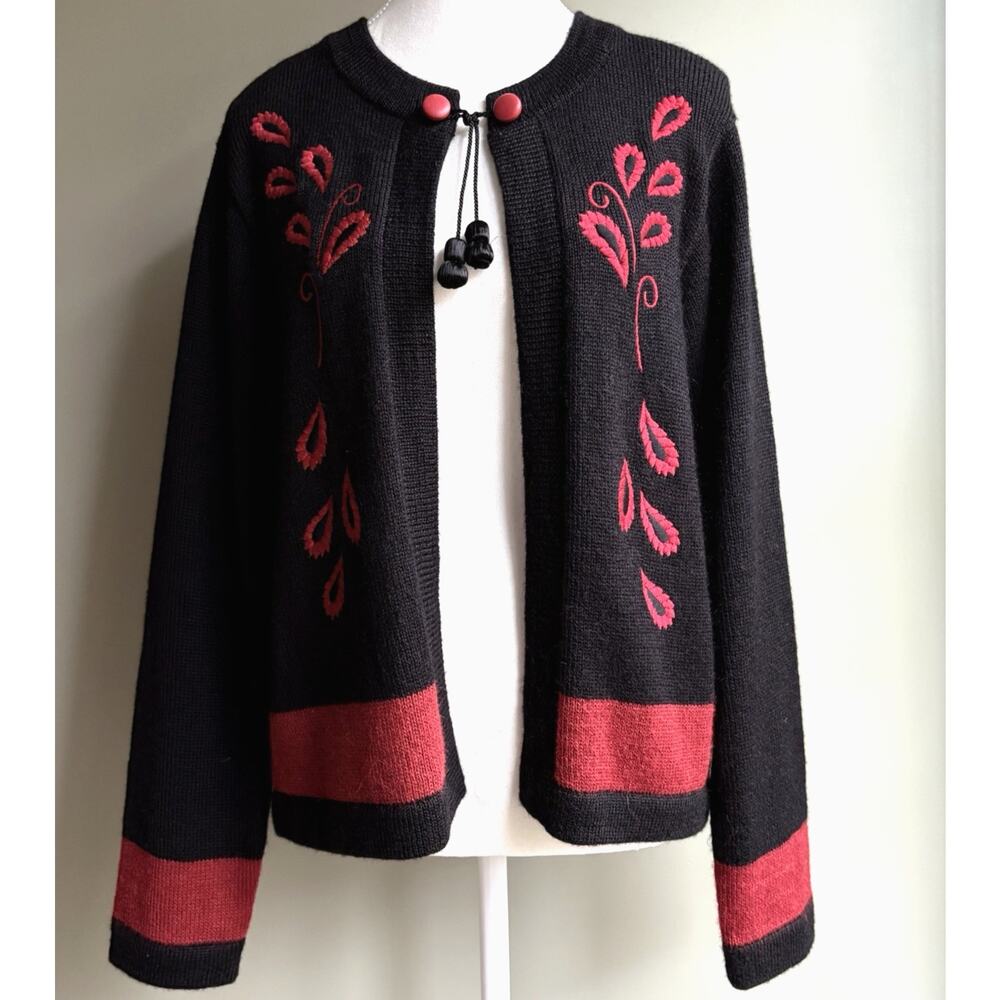 VTG Alpaca Wool Embroidered Leaf Cardigan Black Red‎ Tassel Tie Asian Artisan L